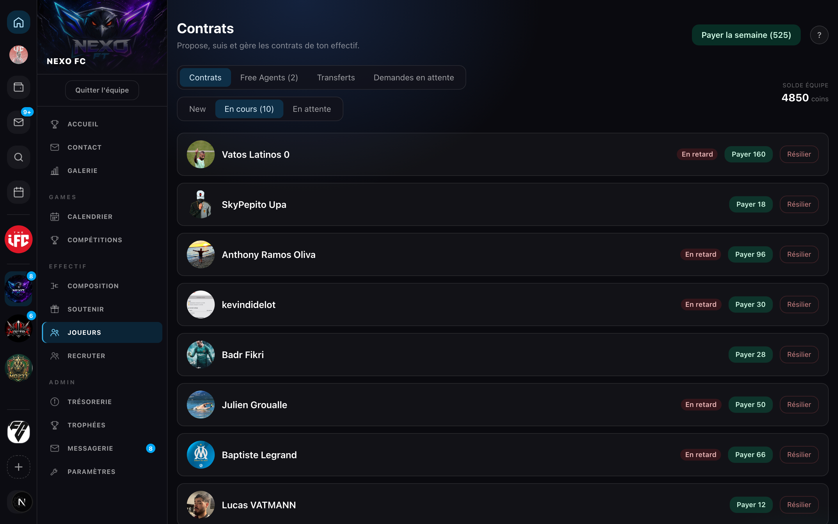 A team's contracts tab