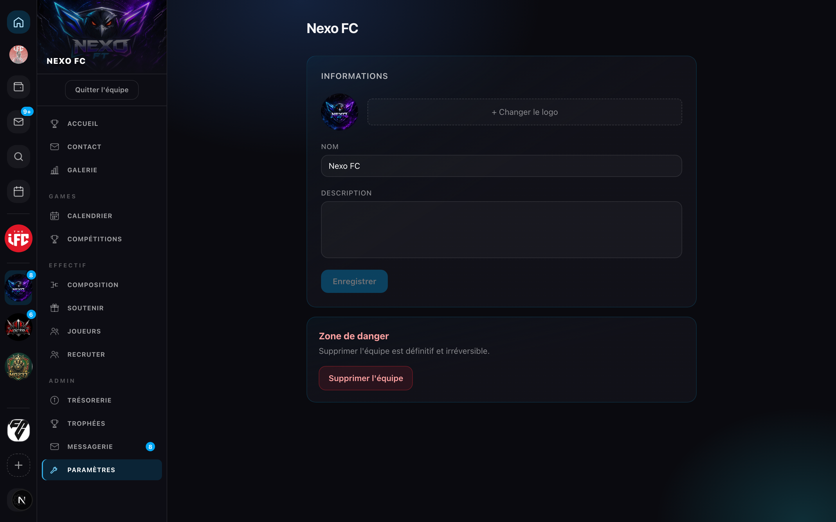 A team's settings