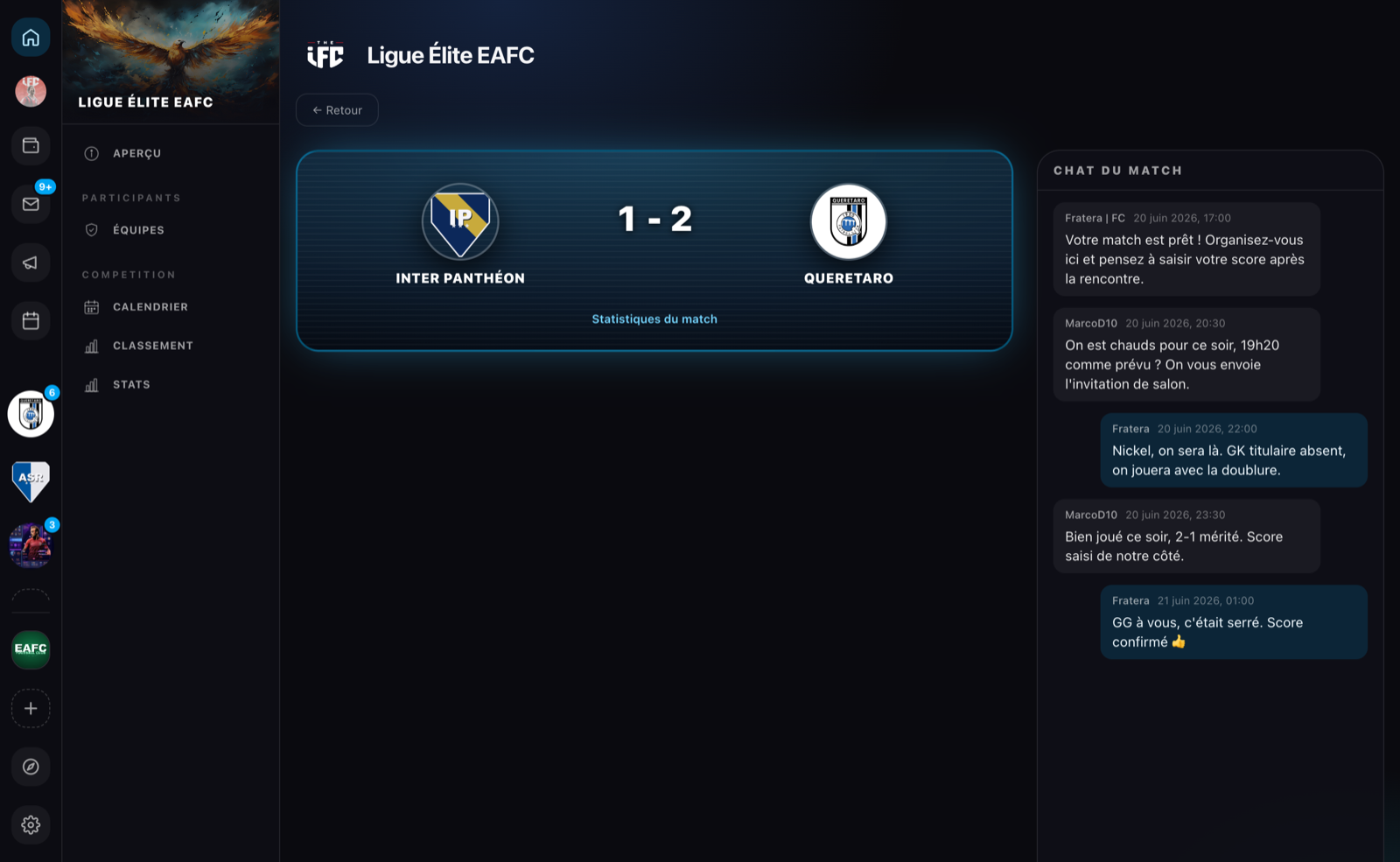A match page: team poster, score entry and match chat