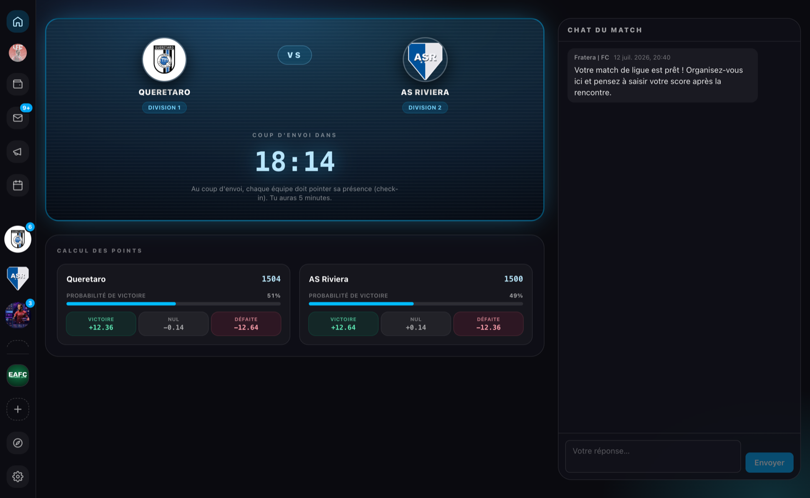 A página de uma partida de liga: contagem regressiva do pontapé inicial, cálculo dos pontos e chat da partida